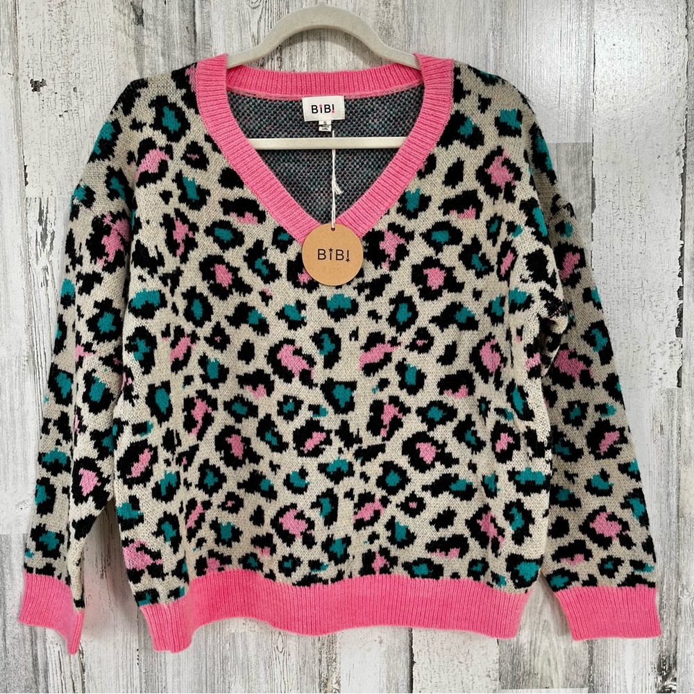 BIBI Pink Turquoise V-Neck Leopard Print Sweater NEW Size S